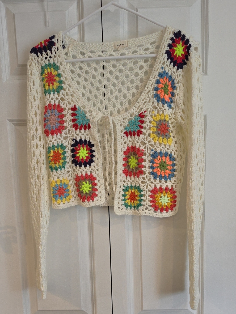 debut Cream Open-Knit Crochet Tie-Front Cardigan with Multicolor Squares
